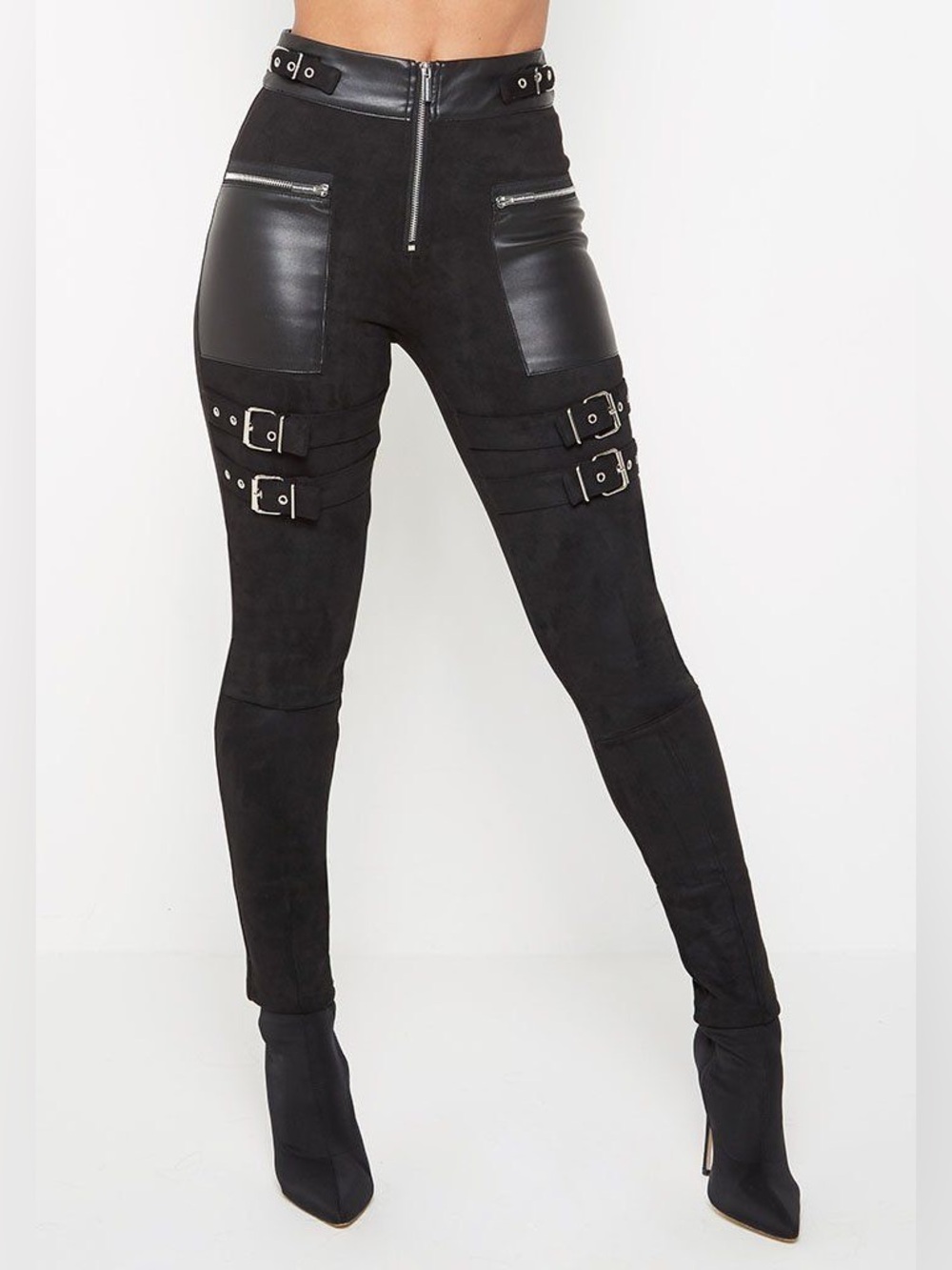 Manière De Voir Black Cyberpunk Faux Suede Buckle Straps Leggings Pants Sz 2